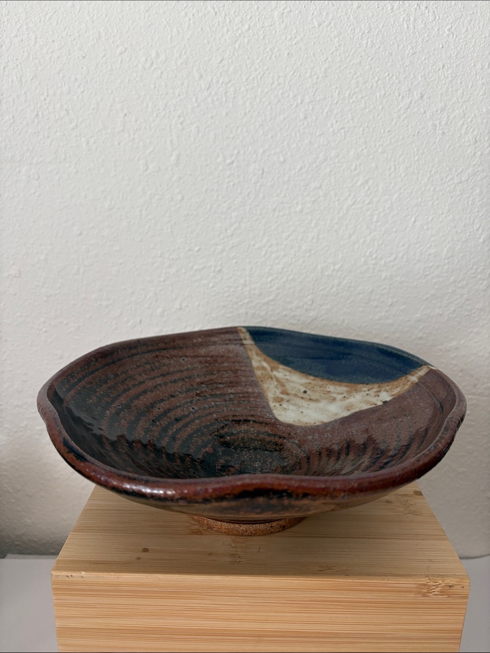 Source Unknown Rustic Ceramic Bowl in Brown, Blue, and Cream